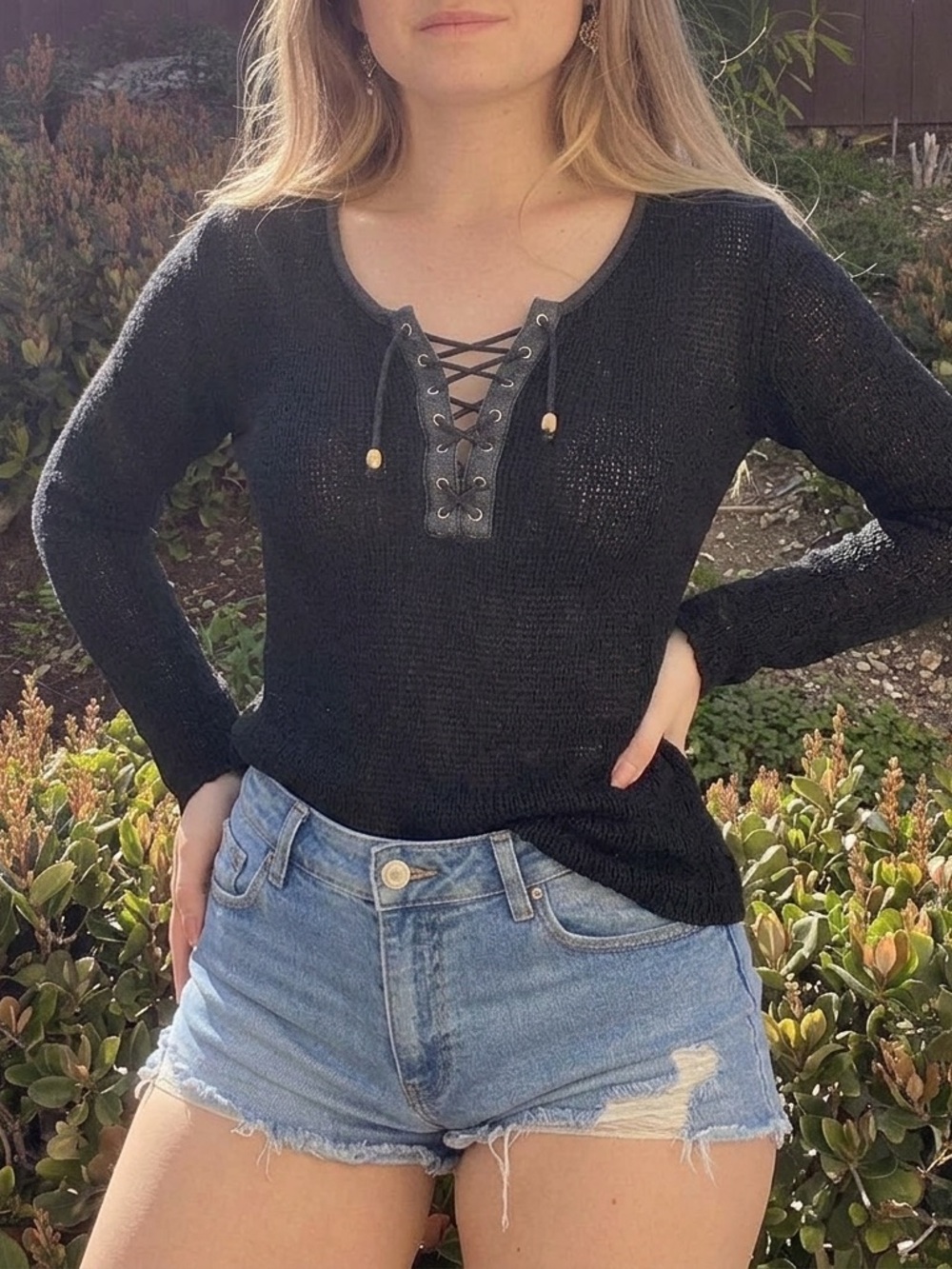 Rafaella Black Lace-Up Knit Pullover